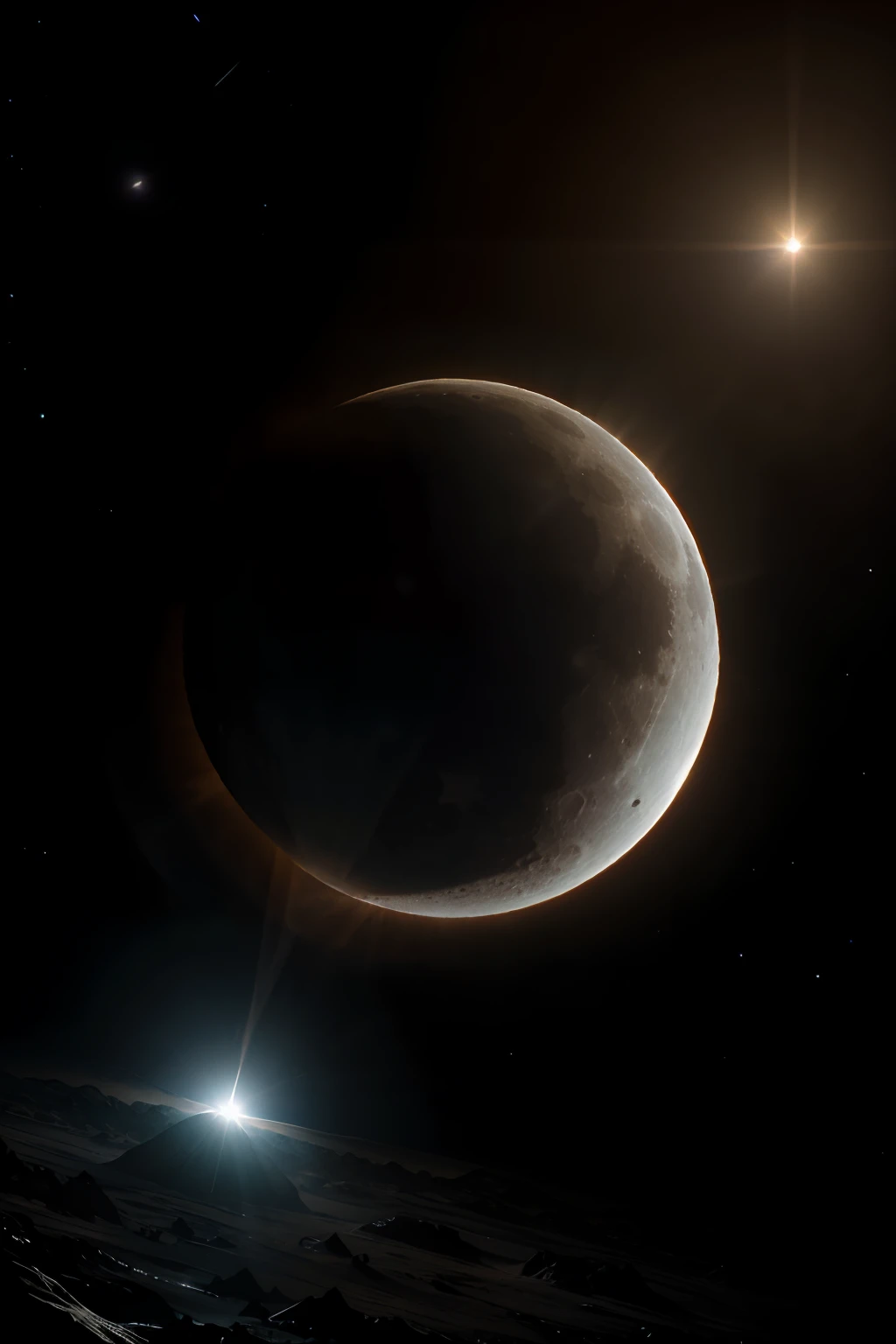 extraterrestrial moon eclipsing a star with astral dust and matter orbiting the event horizon. There are aurora borealis dancing in golds and purples across the atmosphere. The edge of the eclipse is bright. seen from the ground of an exoplanet that has st...