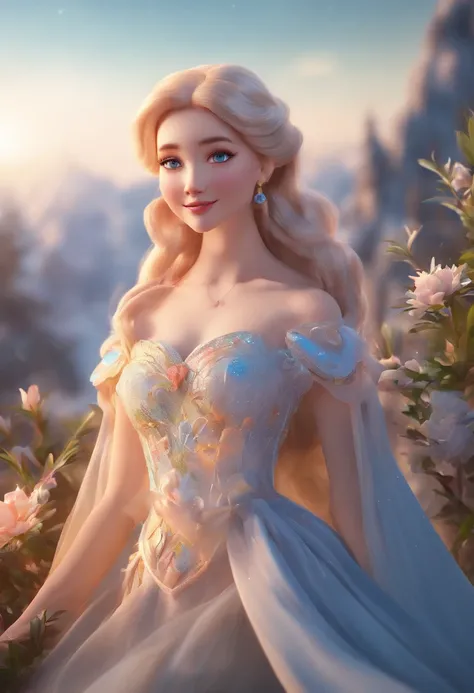 (best quality,masterpiece:1.2,photorealistic,ultra-detailed,CG,8k wallpaper),Chibi,Elsa,alone,full body,smiling,looking in viewer,outdoor,sparkling snowflakes,icy mountains,beautiful winter landscape,magical atmosphere,blue and white color palette,vibrant ...