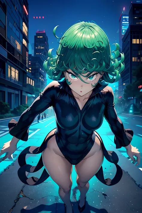 tatsumaki de um homem de soco, cabelo verde curto, olhos verdes, peito pequeno, vestindo vestido preto de gola v, talons, whole ...