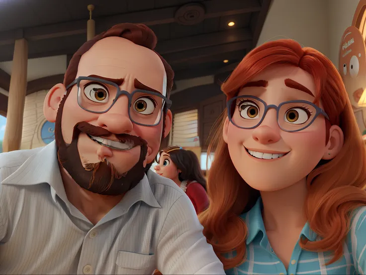 Casal estilo disney pixar melhor qualidade alta qualidade. Homem moreno cabelo curto liso e barba e mulher ruiva olhos castanhos claros cabelo curto liso