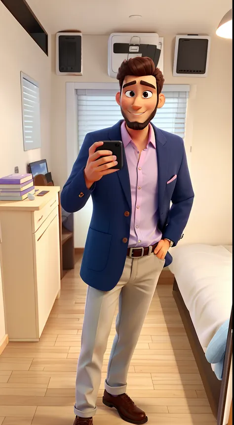 Pixar Style
Wears discreet hearing aid on the right side
He has a dark brown beard and a little white on his chin
with a slight smile
blue color blazer dress
Pink shirt
light-colored, non-white jeans
Casual style attire
taking photo in mirror with left han...