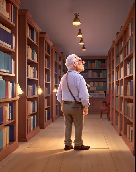 A wise old man standing in front, illuminated by the light of a lamp, against the backdrop of a library