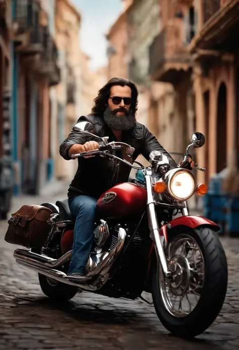 a Disney Pixar style 3D poster 40-year-old brunette man with long straight hair and bespectacled beard, pilotando uma Honda shadow 750 em um passeio de motocicleta