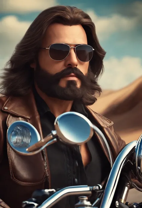 a Disney Pixar style 3D poster 40-year-old brunette man with long straight hair and bespectacled beard, pilotando uma Honda shadow 750 em um passeio de motocicleta