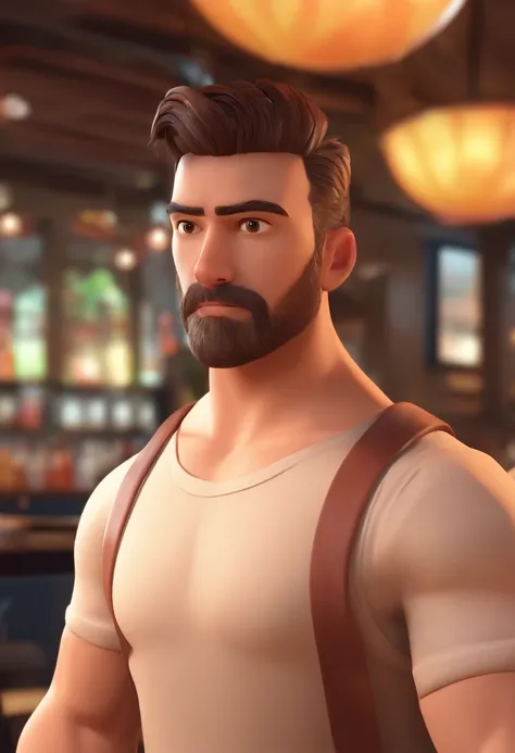 Estilo Pixar: Brown Eyes Muscular athletic man with dress cut hair 32 years old with short dark brown beard on chin worked in a Japanese sushima restaurant