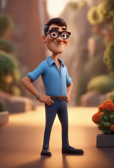 Cartoon character of a man with black glasses and a blue shirt, animation character, Caractere estilizado, animation style rendering, 3D estilizado, Arnold Maya render, 3 d render stylized, toon render keyshot, Personagem 3D, Personagem 3D, 3d rendering st...