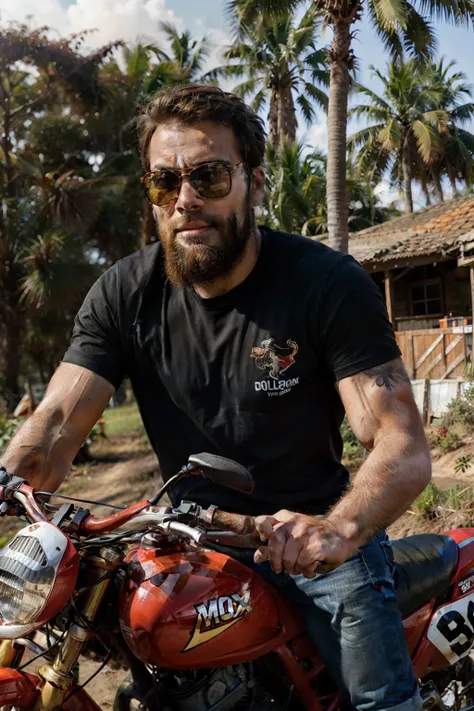 Homem de pele branca, Short beard and sunglasses next to his red motocross bike with the number 09, amidst nature