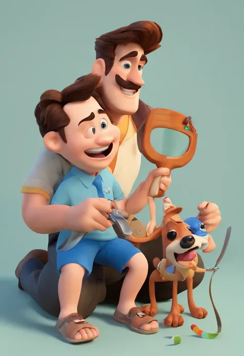 Estilo Pixar: The grown man is holding a naked blue-eyed boy and in his other hand he is holding a pair of scissors and is trying to cut off the boys testicles,3D Poster,Disney