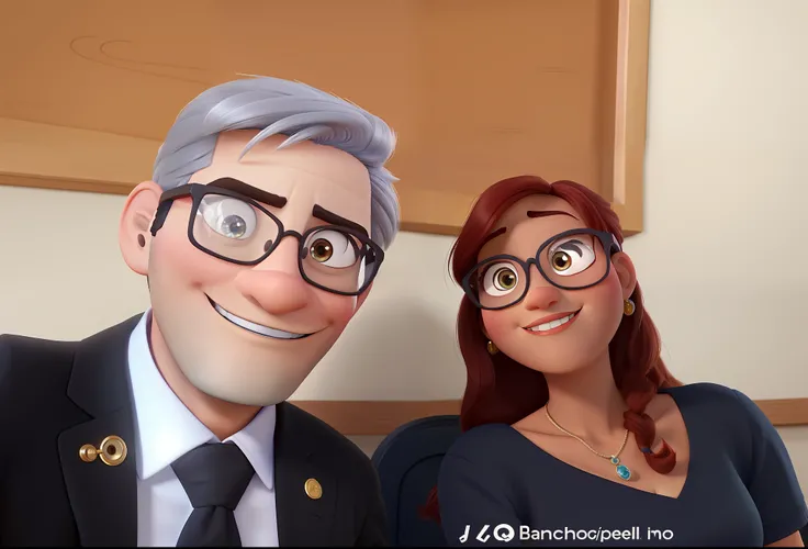 Casal estilo disney pixar melhor qualidade alta qualidade. Homem branco, olhos claros, bespectacled, cabelos curtos, e mulher negra, olhos pretos, cabelos longos lisos.