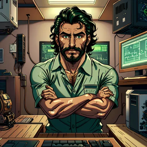 mechanical engineer, In front of office desk with a computer with the screen of a project, arm crossed, camisa verde, cabelo preto, olhos castanhos, barba, 32 anos