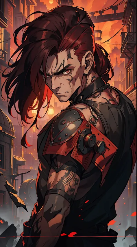 1 30-year-old man with black and red hair shaved on the side Exposed muscular arms wearing a Steampunk shirt Tattuages Dark Gaze of Mystery An art for an RPG A non-human night background of the city ((Very detailed strokes))