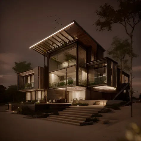 A modern construction for a house in a luxury condominium, Contemporary architecture The look is beautiful with supporting pillars, Acabamento Brisa, Wooded area with trees behind the building, ultra realistic, detalhes intrincados, cinematic lights, 8k