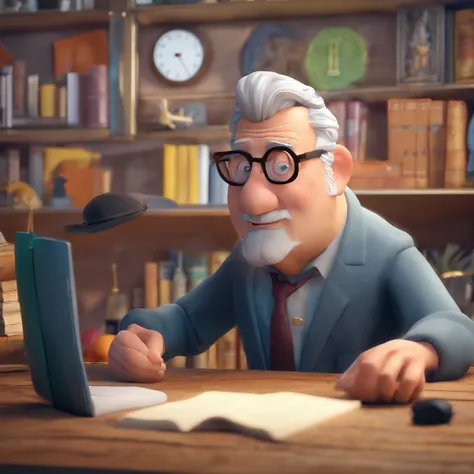 Crie um cartaz inspirado na Disney Pixar com o personagem sendo o pastor Rubens Janier, A gray-haired man wearing glasses, in an office with a Bible on the table, Looking forward and serious