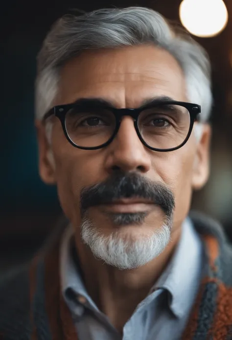 45-year-old man with gray hair wearing prescription glasses