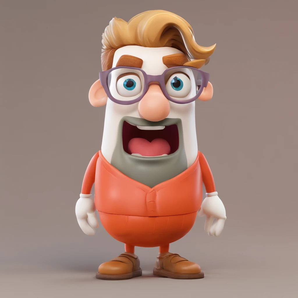 Criar um personagem no estilo Pixar. Trata-se de um homem de 30 anos, com barba, Branco, com cabelos castanhos curtos e um quiff, e olhos castanhos. Ele deve estar na frente de um computador, Trabalhar como designer