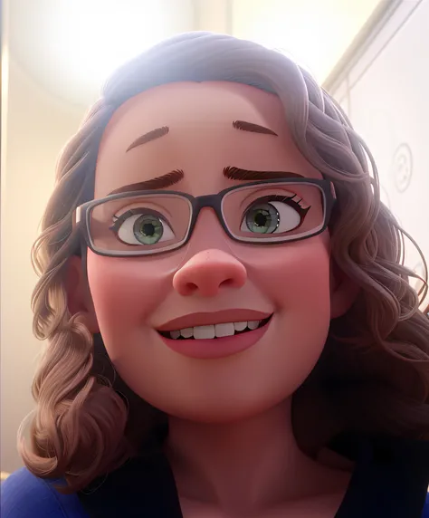 Uma mulher com cabelos cacheados, With eye Glasses, com estilo disney pixar, alta qualidade, melhor qualidade