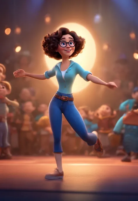 Pixar style image with 3D character white glasses brunette woman short curly hair dancing, Maquiagem Disney,Pescador, bonitinho, sorridente ,Close-up, Pixar, Disney, Cinema lighting,