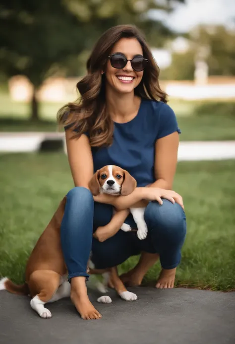 Pixar. Casal com um filhote de cachorro beagle marrom. A menina tem os cabelos loiros amarrados, Camiseta cinza e jeans claro, white glasses. O menino de cabelos pretos com cabelos grisalhos, barba pequena, oculos, Dark blue jeans and gray t-shirt. They ar...