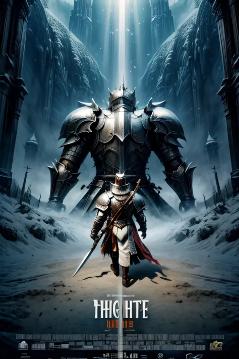 (fantasy movie poster: 1.5) named The White Knight,(movie poster: 1.5), RPG art, a beautiful  woman knight ridong a white horse, armed with a sword, wearing heavy armor LnF, Ultra-Wide Angle, high detail, award winning, best quality, HD, 16K, rendering, hi...