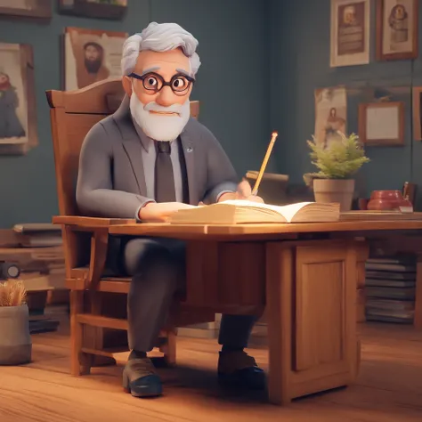 Crie um cartaz inspirado na Disney Pixar com o personagem sendo o pastor Rubens Janier, A gray-haired man wearing glasses, in an office with a Bible on the table