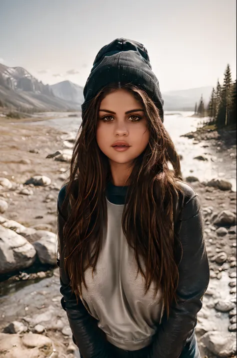 1girl, selena gomez, ((upper body selfie, happy)), masterpiece, best quality, ultra-detailed, solo, outdoors, (night), mountains...