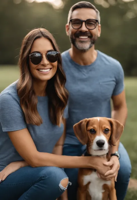 Pixar. Casal com um filhote de cachorro beagle marrom. A menina tem os cabelos loiros amarrados, Camiseta cinza e jeans claro, white glasses. O menino de cabelos pretos com cabelos grisalhos, barba pequena, oculos, Dark blue jeans and gray t-shirt. They ar...