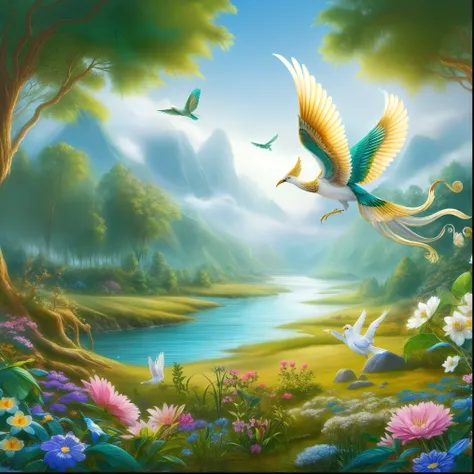 painting of a bird flying over a river surrounded by flowers, beautiful fantasy painting, fantasy painting hd, very beautiful digital art, whimsical fantasy landscape art, majestic nature scenery, beautiful art uhd 4 k, amazing background, nature wallpaper...