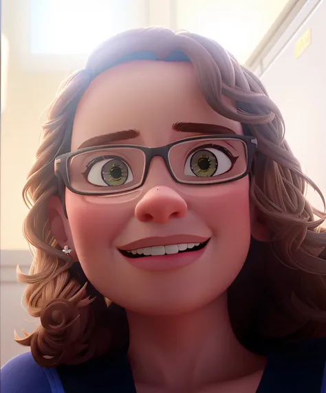 Uma mulher com cabelos cacheados, With eye Glasses, com estilo disney pixar, alta qualidade, melhor qualidade