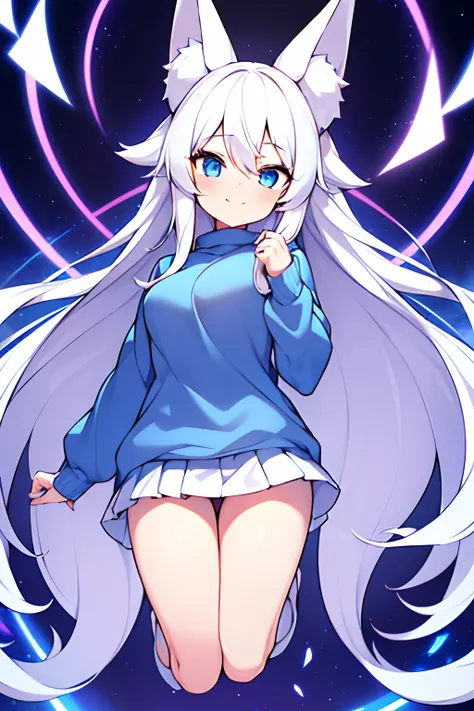 1girl, long white hair, blue eyes, wearing blue sweater, fox ears , absurdres, high res, ultrasharp, 8K, masterpiece, looking at viewer, light purple background, cute, floating, full body, happy