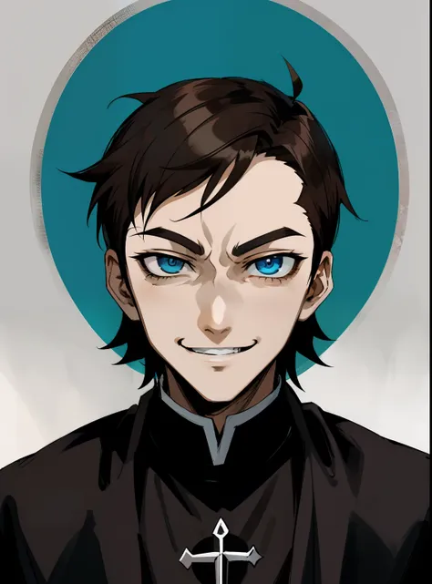 Portrait of evil young priest anime style villain character , sarcastic gaze smile, short brown haired , blue eyes