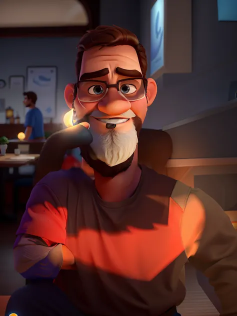 Poster no estilo Disney pixar, alta qualidade, melhor qualidade, homem sexy branco, 30 anos cabelo grisalho barba preta, musculoso, com fundo em um restaurante a luz de velas