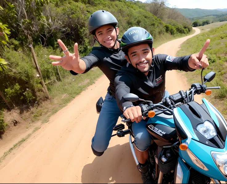 There are three men riding motorcycles on a dirt road, Torne-se profissional, touring, horseback riding, Assumido em Go Pro Hero8, Sri Lanka Mad Max Estilo, Feliz!!!, Selfie!!!!!, foto Selfie, Andar na estrada, na floresta da selva !!!, atrevido!!!, com mu...