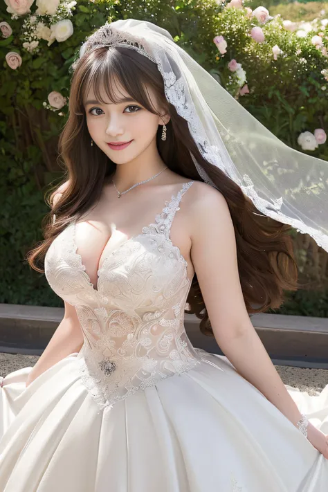 (Best Quality, masutepiece:1.2), (Realistic:1.3), (hyper detailed background, Detailed background), Bokeh, ((medium breasts:1.2)), ((Beautiful valley)),(Long Train Wedding Dresses:1.3),Bridal tiara, Bridal Veil, bridal gauntlets, Bridal Cascade Bouquet, Up...