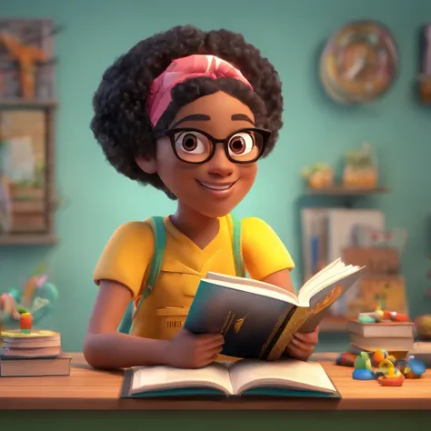 Create a black character with a book that on the cover says txio Laurindo txio da Rosiane who is a girl taught from a car