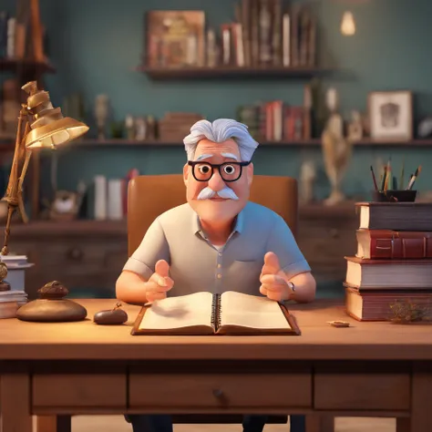 Crie um cartaz inspirado na Disney Pixar com o personagem sendo o pastor Rubens Janier, A gray-haired man wearing glasses, in an office with a Bible on the table