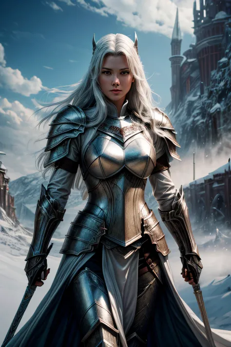 (fantasy movie poster: 1.5) named The White Knight,(movie poster: 1.5), RPG art, a beautiful  (woman: 1.3), white knight ridong a white horse, armed with a sword, wearing heavy armor LnF, Ultra-Wide Angle, high detail, award winning, best quality, HD, 16K,...