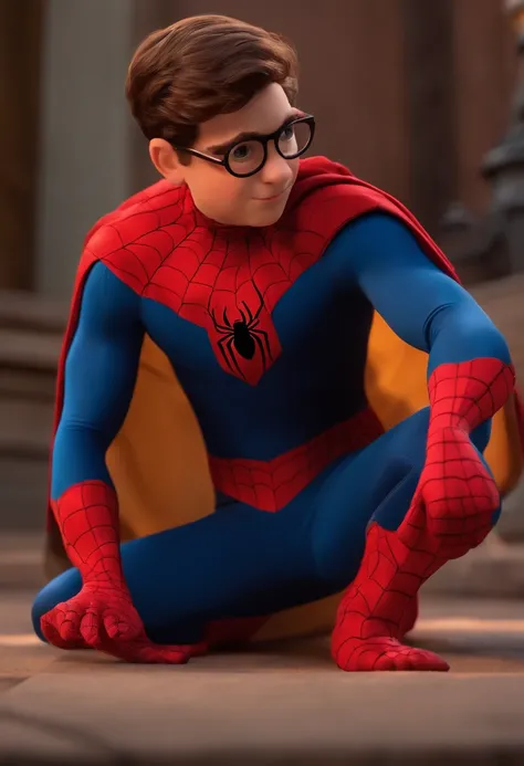 Imagem de um menino vestido de homem aranha em formato Pixar, Hes the little baby, inteligente, Caring and super charismatic.