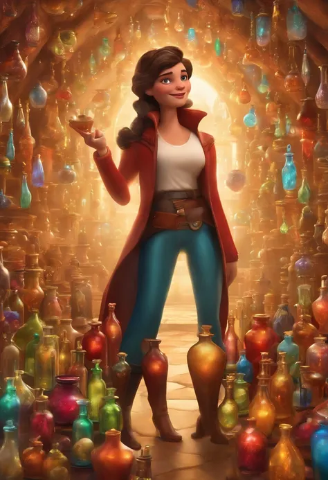 A collector of ideas inspired by Pixar animation, de perto. She is surrounded by a collection of magic vials, each containing a unique idea. The focus is on the character, with a captivating facial expression, Against a backdrop of shimmering, cores eferve...