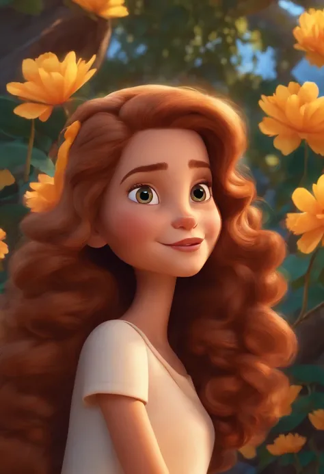 Personagem de desenho animado estilo Disney pixar uma menina de cabelo liso castanhos,olhos castanhos e pele branca em uma cadeira de rodas cor roxa em um parque