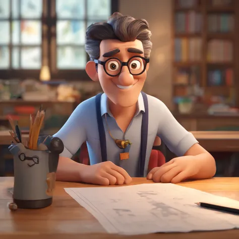 Crie um cartaz inspirado na Disney Pixar com o personagem sendo o professor Fabiano Sales, A curly short haired man wearing glasses, em uma sala de aula com um piloto de quadro branco sobre a mesa