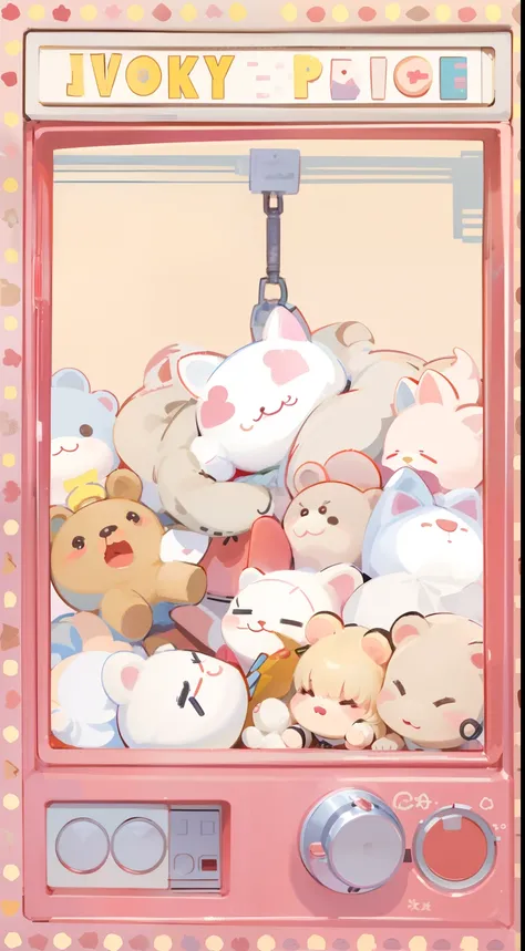 There is a photo，Theres a cute strawberry bear on it，A couple of cute dolls， very cute features, Japanese kawaii style, Doll capture machine，Dont overcomplicate the elements，Keep it as simple as possible。