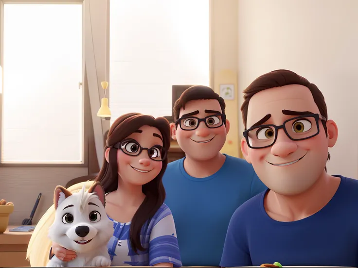 Create a Disney Pixar cartoon poster with a happy family. 
Mom has long hair, its Linda, magra, olhos castanhos. Daddys chubby, cabelo curto, sorridente, wears glasses. O filho lindo de 15 anos, magro, rosto fino, cabelo liso, castanho escuro, nariz fino, ...