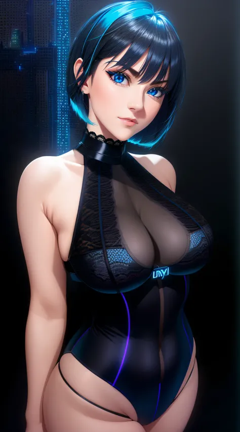 25-Year-Old Woman, Full Body, Adult, Dark Blue Water-Colored Eyes, Bright Neon Lighting, Black Bob Short Hair, strip club outfit, lace underwear, Serious Face, Realistic Face Resolution, Realistic, Object Resolution, (dark city night black background:1.4)