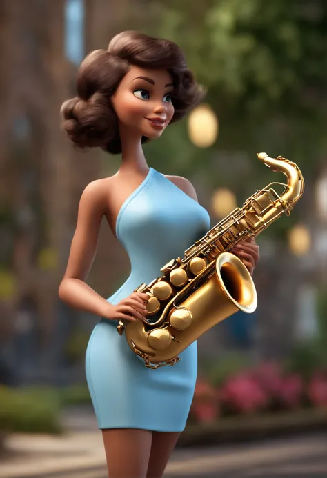 personagem dos desenhos animados de uma mulher com de olhos azuis, cabelo liso preto, White Skin Playing Saxophone Animation Character, Caractere estilizado, animation style rendering, 3D estilizado,  3 d render stylized, toon render keyshot, Personagem 3D...