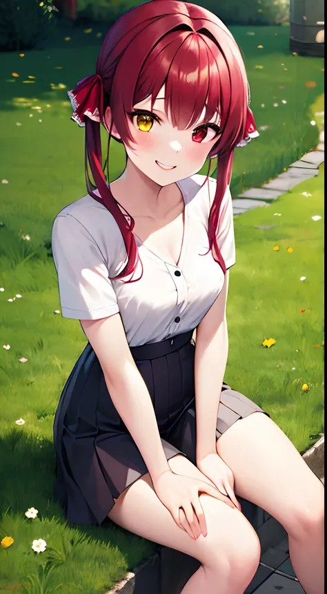 marine houshou, red hair, twintails, heterochromia, (red eyes:1.5), (yellow eyes:1.5), hair ribbon,,a smile、knee sitting、lawn