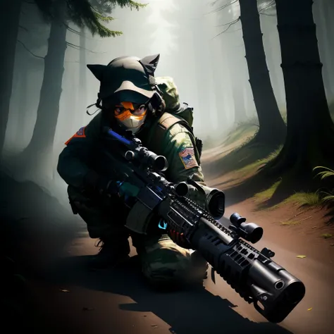 Orangotango com um rifle m4a1 fundo camuflado escrito shadow woods