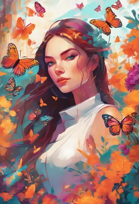 (girl in a garden),(illustration, vibrant colors),(flowers, butterflies, sunlight),(best quality, vivid colors, sharp focus, professional),(painterly, dreamlike, whimsical),(warm color palette),(soft, natural lighting)