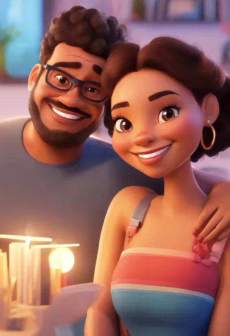 An illustration of an adorable couple, Highlight for a chubby mulatto man with glasses smiling and a brunette woman with beautiful expressive eyes - the mans skin is mulatto and the mans hair haswhile the womans skin is black and the womans hair is straigh...