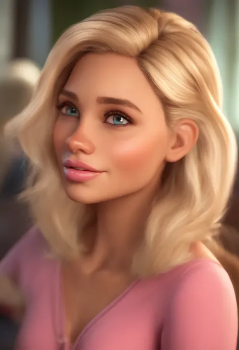 Criar um personagem no estilo pixar dentro de um jaleco. Character blonde brown eyes pink lips 1,60m