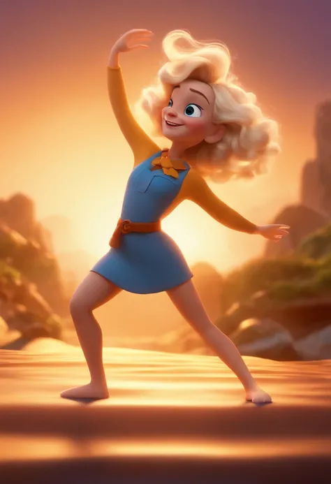 Pixar style image with 3D character white glasses blonde woman, branca, cabelo liso, Fulfilled dancing, Maquiagem Disney,Pescador, bonitinho, sorridente ,Close-up, Pixar, Disney, Cinema lighting,